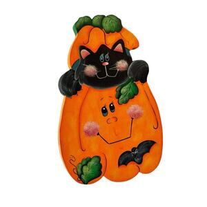 Vintage Diecut Wooden Halloween Decoration Cat/Kitten Jack-O-Lantern